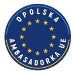 Okrągłe logo. Granatowe tło z 12 unijnymi gwiazdami i napisem opolska ambasadorka UE