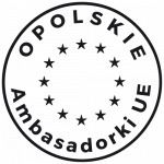 Okrągła ikona z 12 gwaizdkami unijnymi i napisem opolskie ambasadorki UE