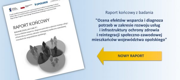Okładka raportu końcowego z badania pn. "Ocena efektów wsparcia i diagnoza potrzeb w zakresie rozwoju usług i infrastruktury ochrony zdrowia i reintegracji społeczno-zawodowej mieszkańców województwa opolskiego".