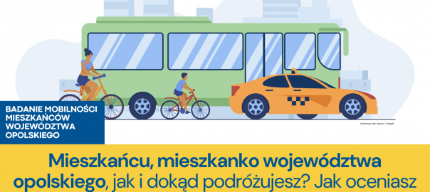 Plakat z informacją o badaniu mobilności mieszkańców województwa opolskiego. na plakacie logotypy UE, Polski i Województwa Opolskiego oraz grafika przedstawiająca autobus, taksówkę i osoby jadące na rowerach. W tle wieżowce..