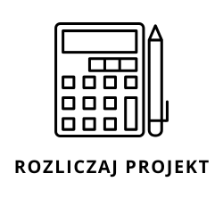 Ikona kalkulatora i długopisu z napism rozliczaj projekt