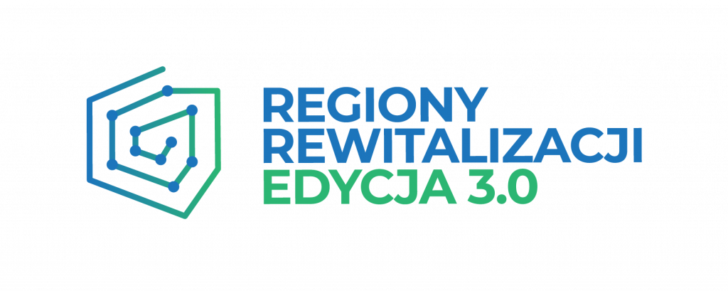 Logo projektu Regiony Rewitalizacji 3.0 z grafiką przedstawiającą kontur Polski narysiwany z pomocą niebiesko-zielonej linii z punktami